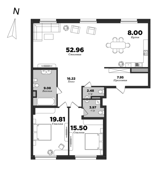 Приоритет, Корпус 1, 2 спальни, 135.97 м² | планировка элитных квартир Санкт-Петербурга | М16